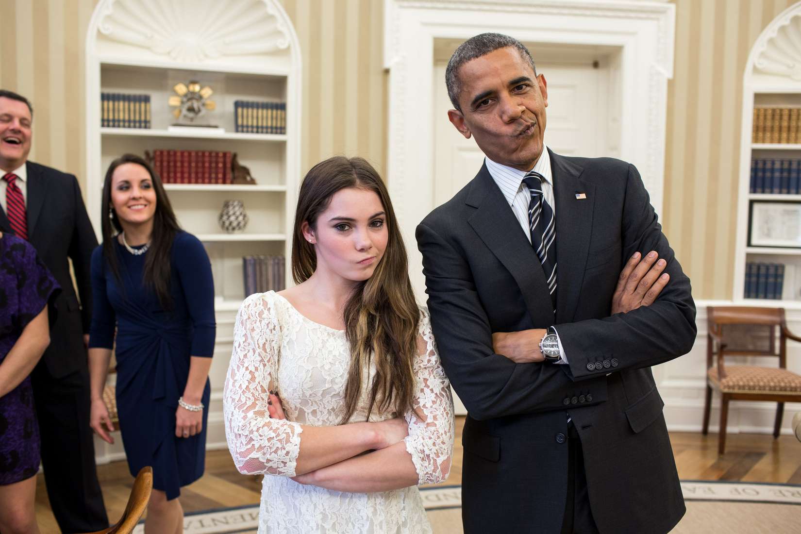 McKayla Maroney and Obama with Kyla Ross, Aly Raisman, and Jordyn Wieber at The White House in Washington, DC